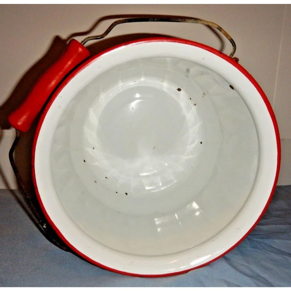 Vintage Enamelware 3 Pc Lot Chamber Pot Wash Basin Bowl White Red Trim Farmhouse